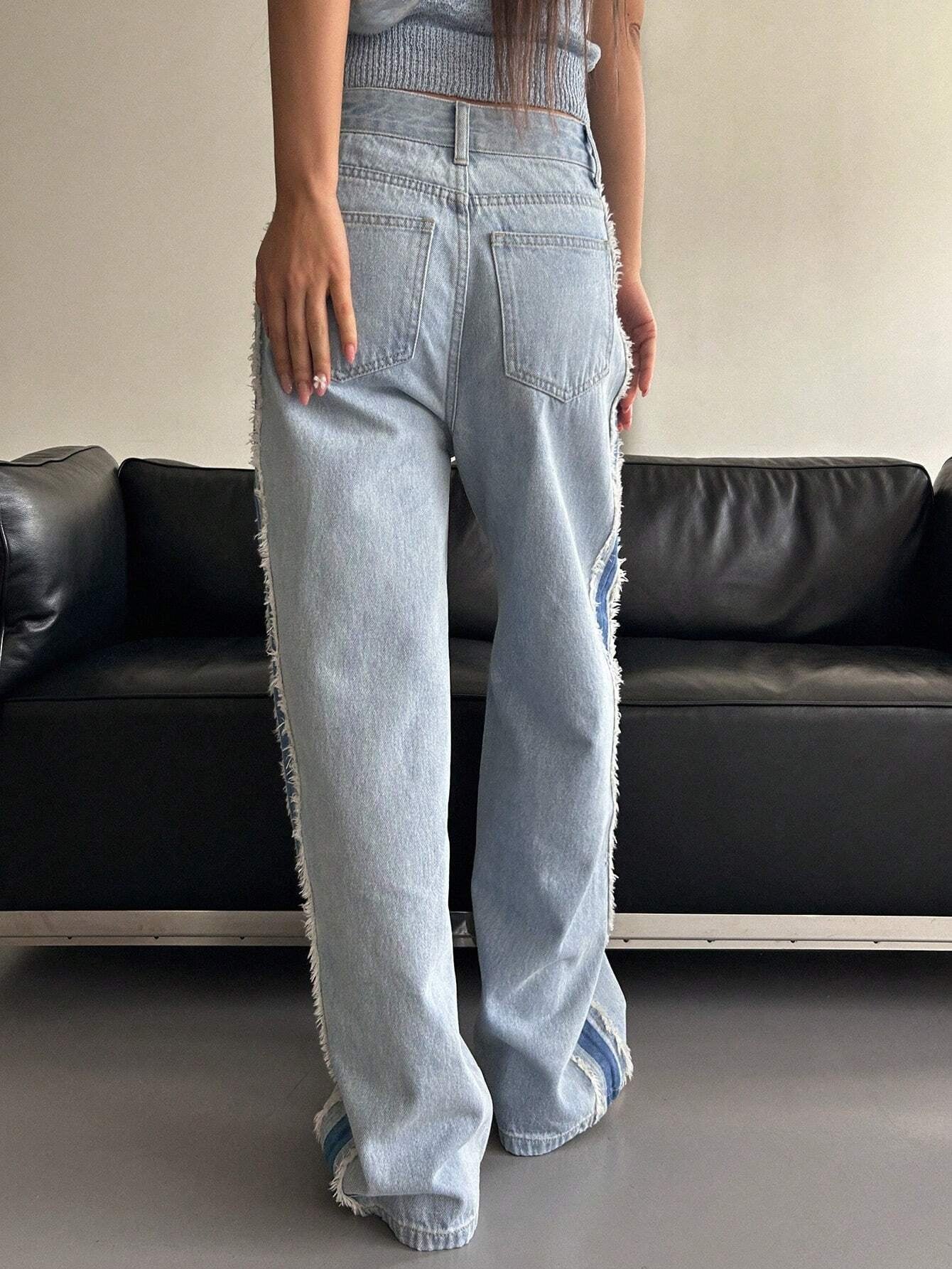 CM-BS152327 Women Preppy Seoul Style High Waist Contrast Side Seam Straight Leg Jeans