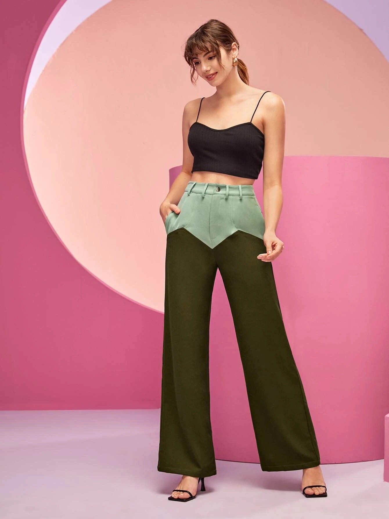 CM-BS044454 Women Elegant Seoul Style High Waist Color Block Wide Leg Pants - Army Green