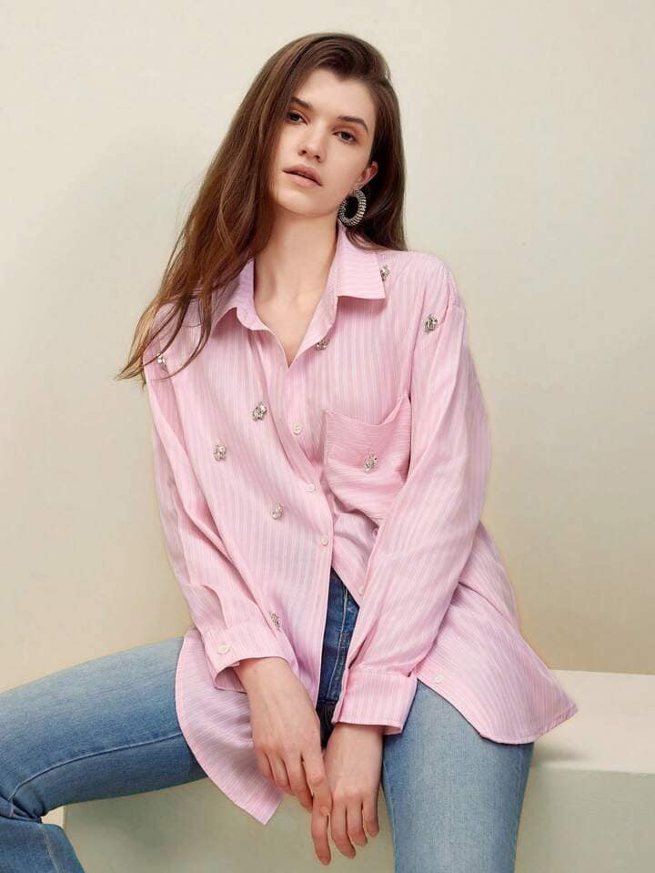 CM-TS839563 Women Casual Seoul Style Oversized Striped Diamond Decoration Shirt - Pink
