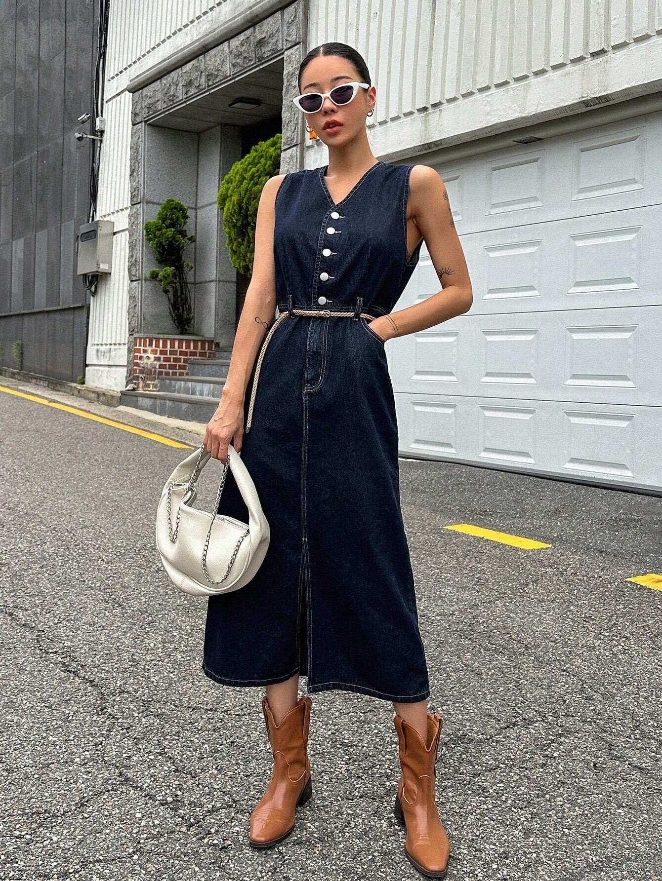 CM-DS407092 Women Casual Seoul Style Dark Wash Button Front Sleeveless Split Thigh Denim Dress