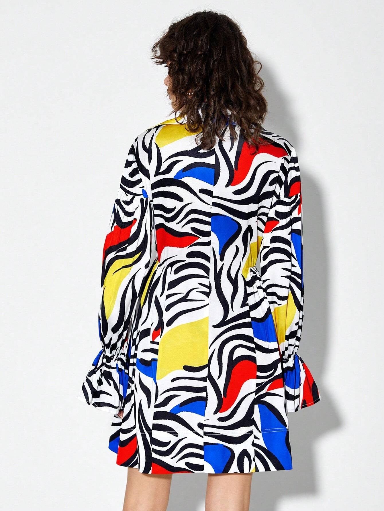 CM-DS929056 Women Casual Seoul Style Allover Print Flounce Sleeve Shirt Dress