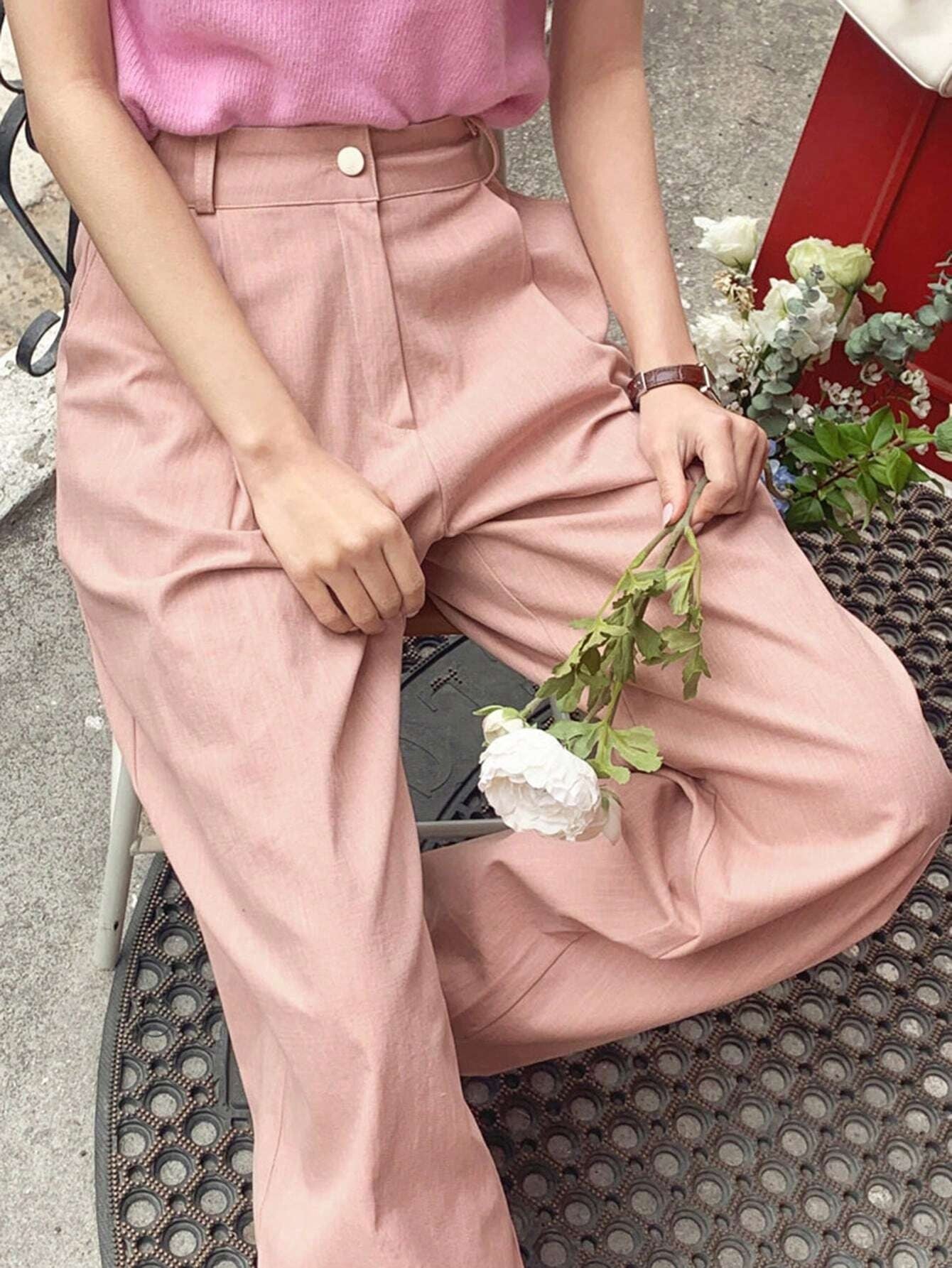 CM-BS190903 Women Casual Seoul Style Solid Slant Pocket Wide Leg Pants - Pink