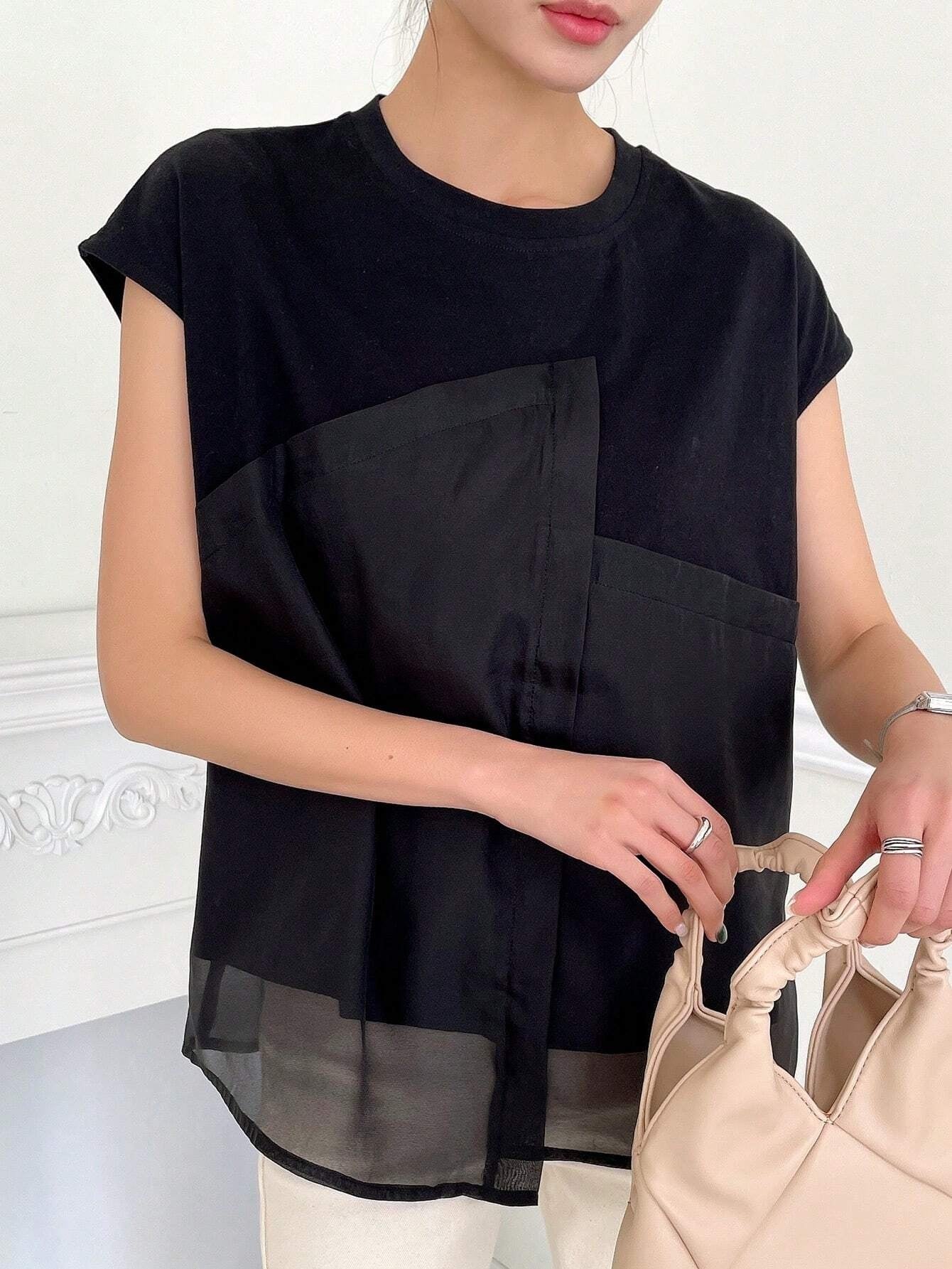 CM-TS603303 Women Casual Seoul Style Solid Belted Mesh Overlay Belted Tee - Black
