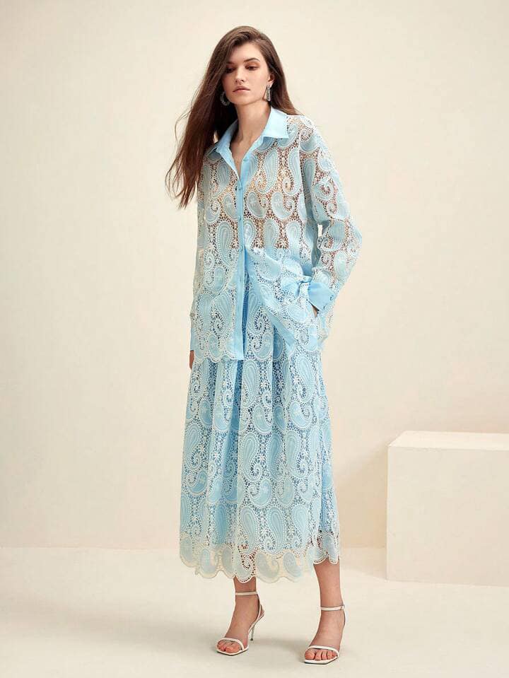 CM-TS864141 Women Elegant Seoul Style Oversized Hollow Out Paisley Embroidery Shirt - Baby Blue