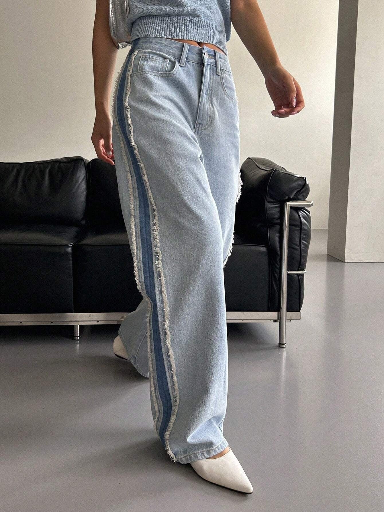 CM-BS152327 Women Preppy Seoul Style High Waist Contrast Side Seam Straight Leg Jeans