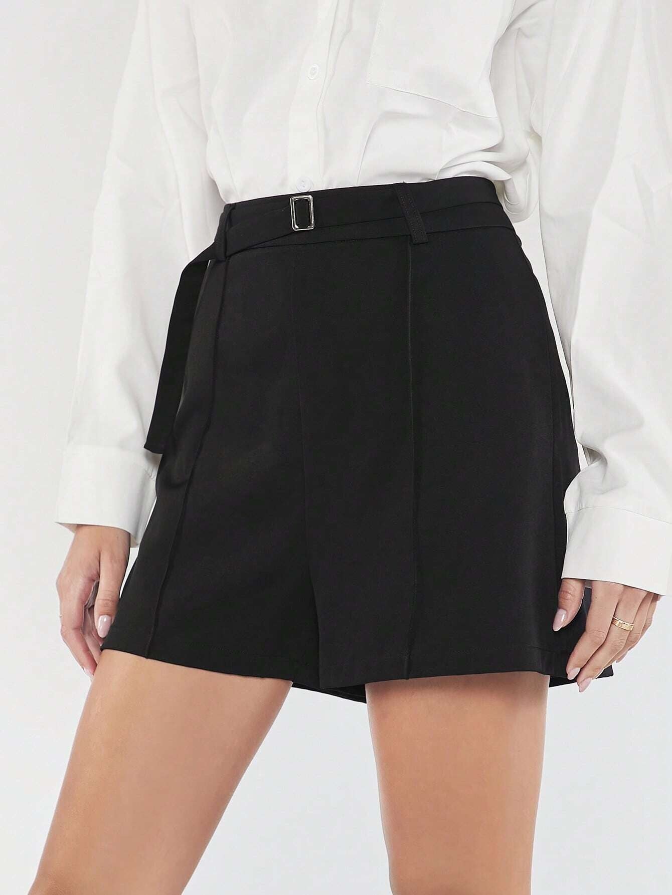 CM-BS601416 Women Casual Seoul Style High Waist Solid Belted Wide Leg Shorts - Black