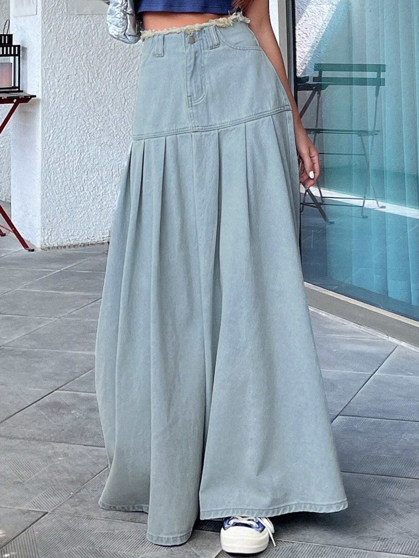 CM-BS899163 Women Casual Seoul Style Solid Pleated Detail Denim Skirt - Blue