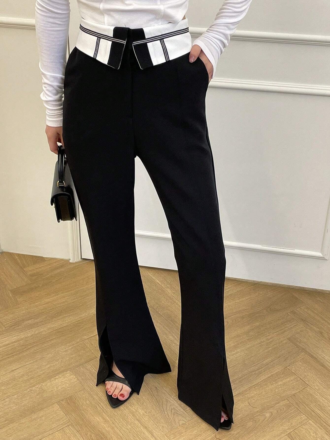 CM-BS204194 Women Elegant Seoul Style Contrast Waist Split Hem Flare Leg Pants - Black