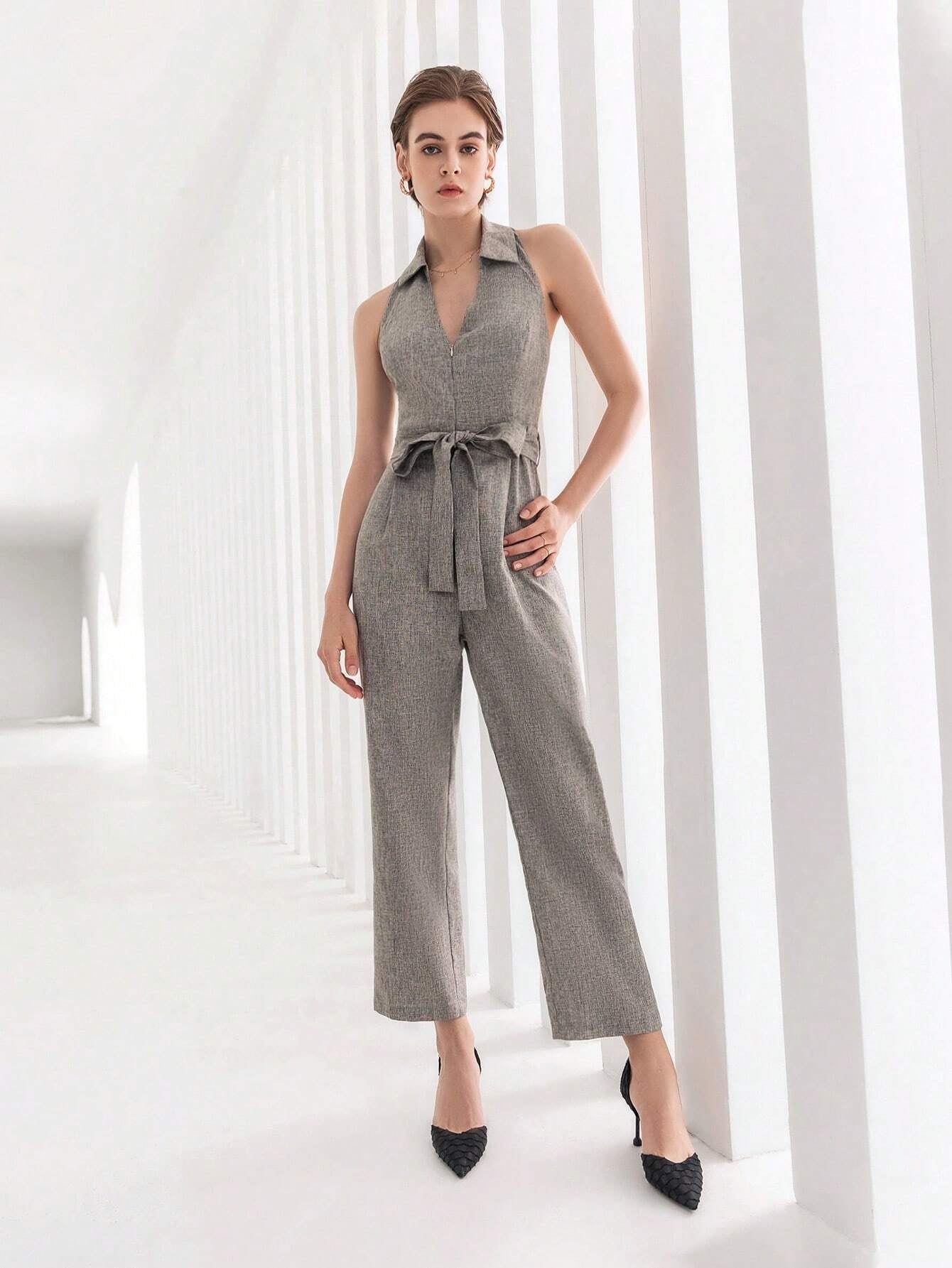 CM-JS410070 Women Elegant Seoul Style Sleeveless Solid Belted Halter Jumpsuit - Gray
