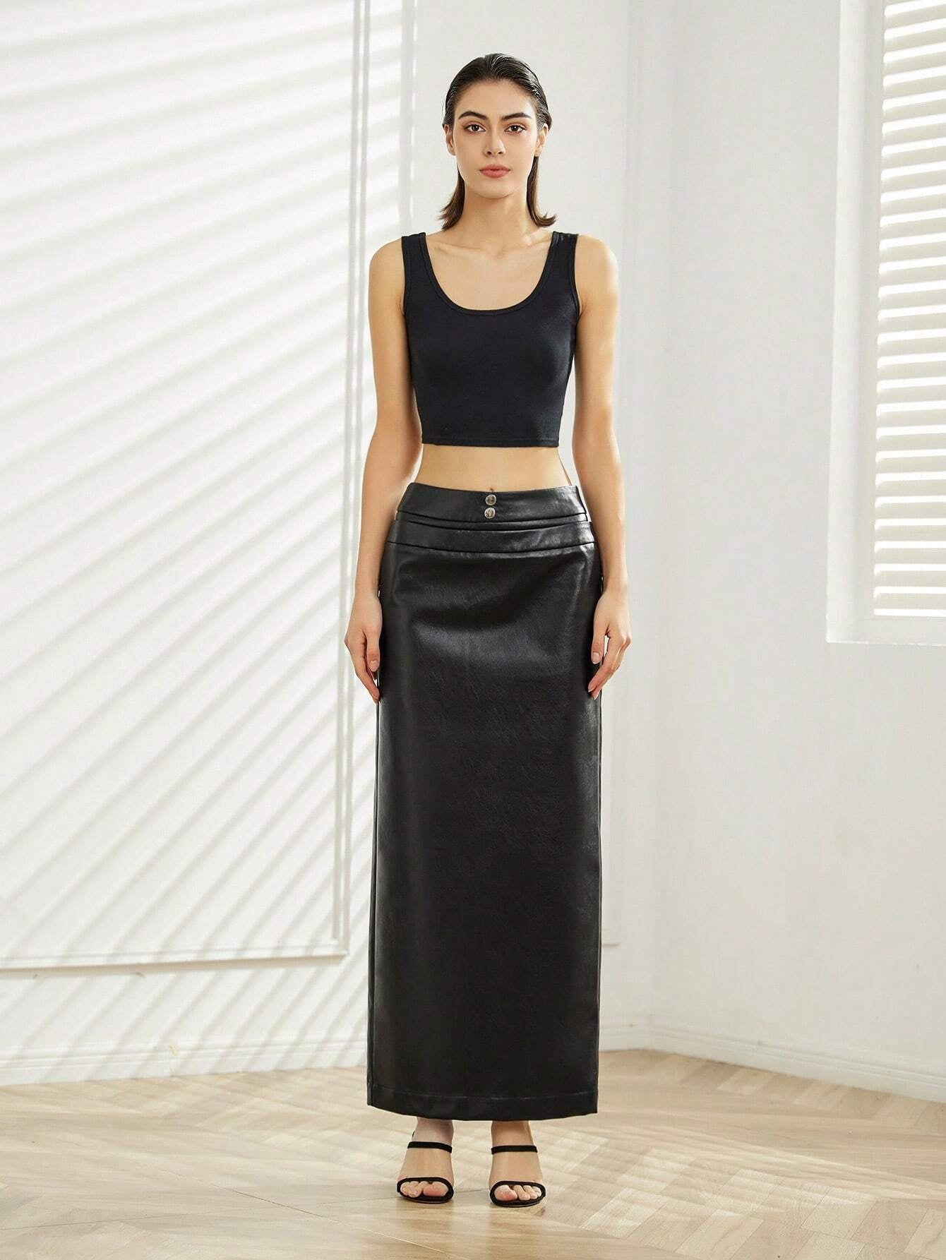 CM-BS351464 Women Casual Seoul Style PU Leather Straight Skirt - Black