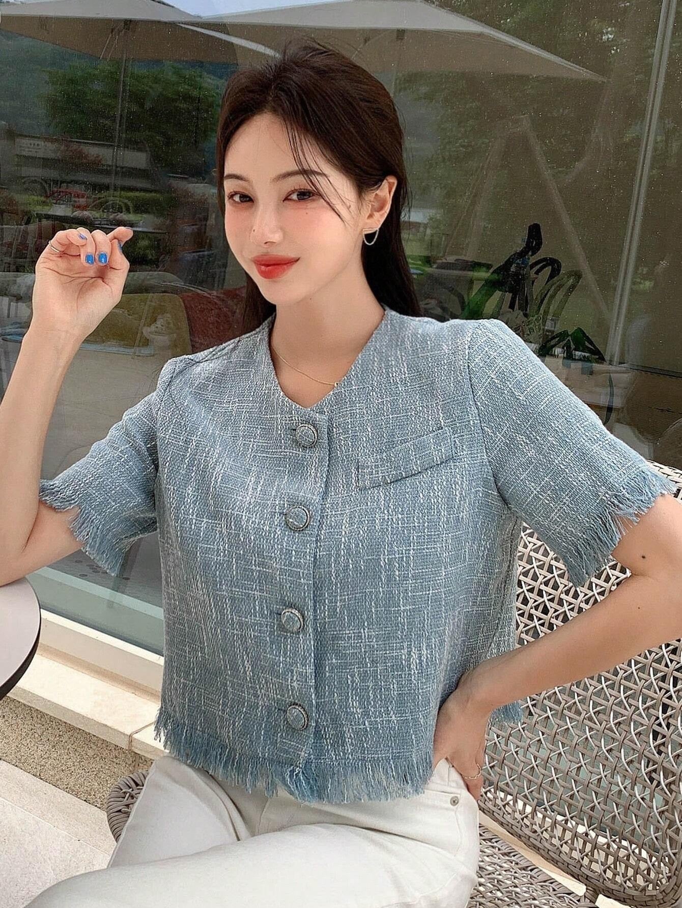 CM-TS652251 Women Casual Seoul Style Solid Button Front Raw Hem Crop Blouse - Dusty Blue