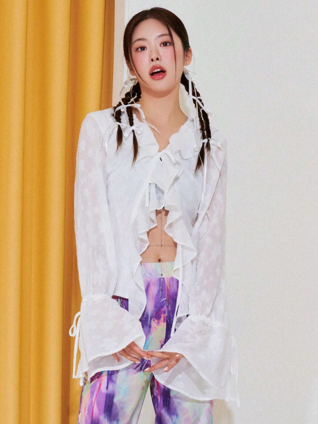 CM-TS613710 Women Casual Seoul Style Ruffle Trim Flounce Sleeve Asymmetrical Hem Blouse