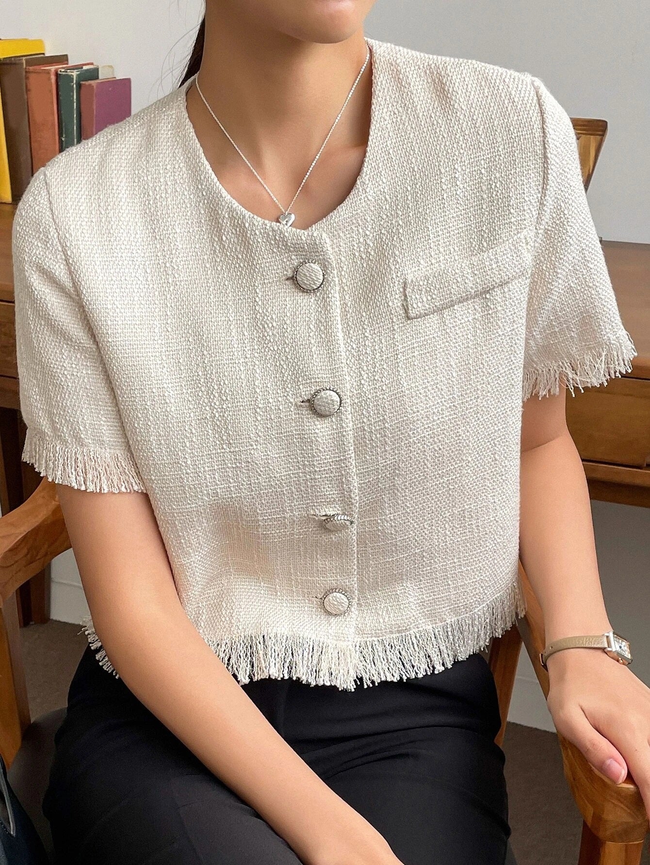 CM-TS168400 Women Casual Seoul Style Solid Button Front Raw Hem Crop Blouse - Apricot