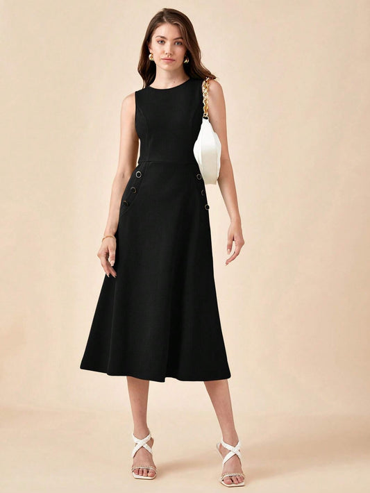 CM-DS648041 Women Elegant Seoul Style Sleeveless Solid Button Detail Dress - Black