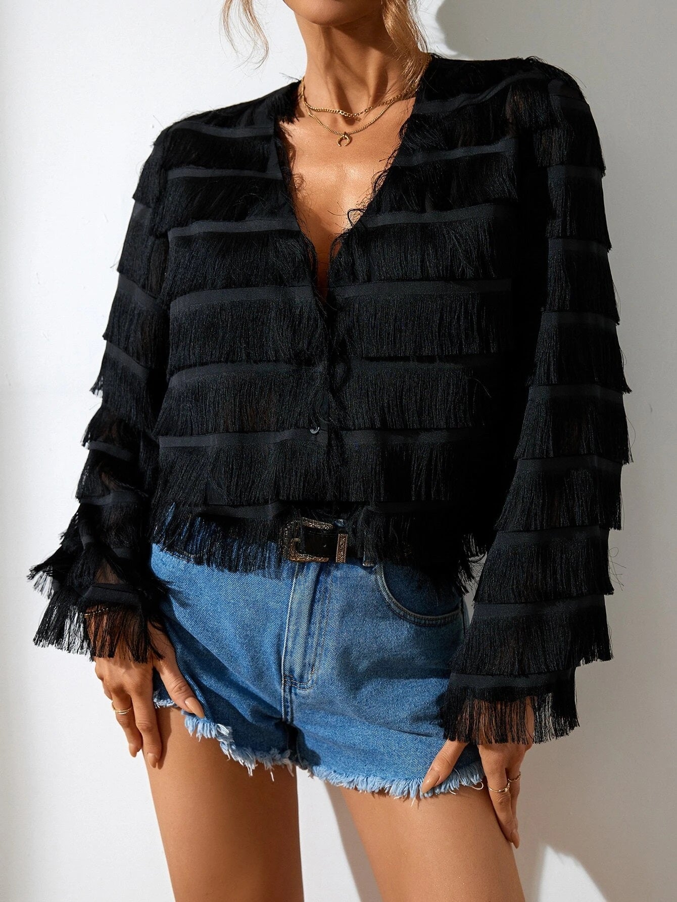 CM-TS384825 Women Elegant Seoul Style Fringe Trim Button Front Crop Blouse - Black