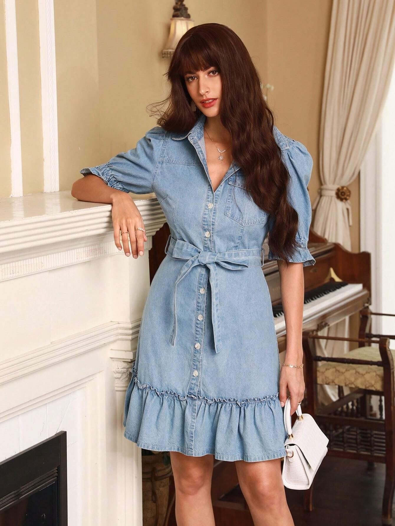 CM-DS711481 Women Casual Seoul Style Puff Sleeve Ruffle Hem Belted Denim Dress