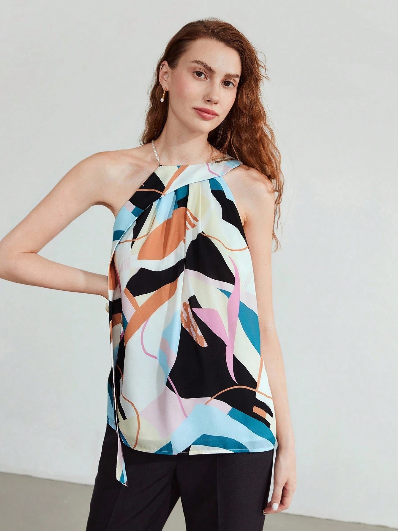 CM-TS411579 Women Elegant Seoul Styel Sleeveless Geometric Print Draped Blouse