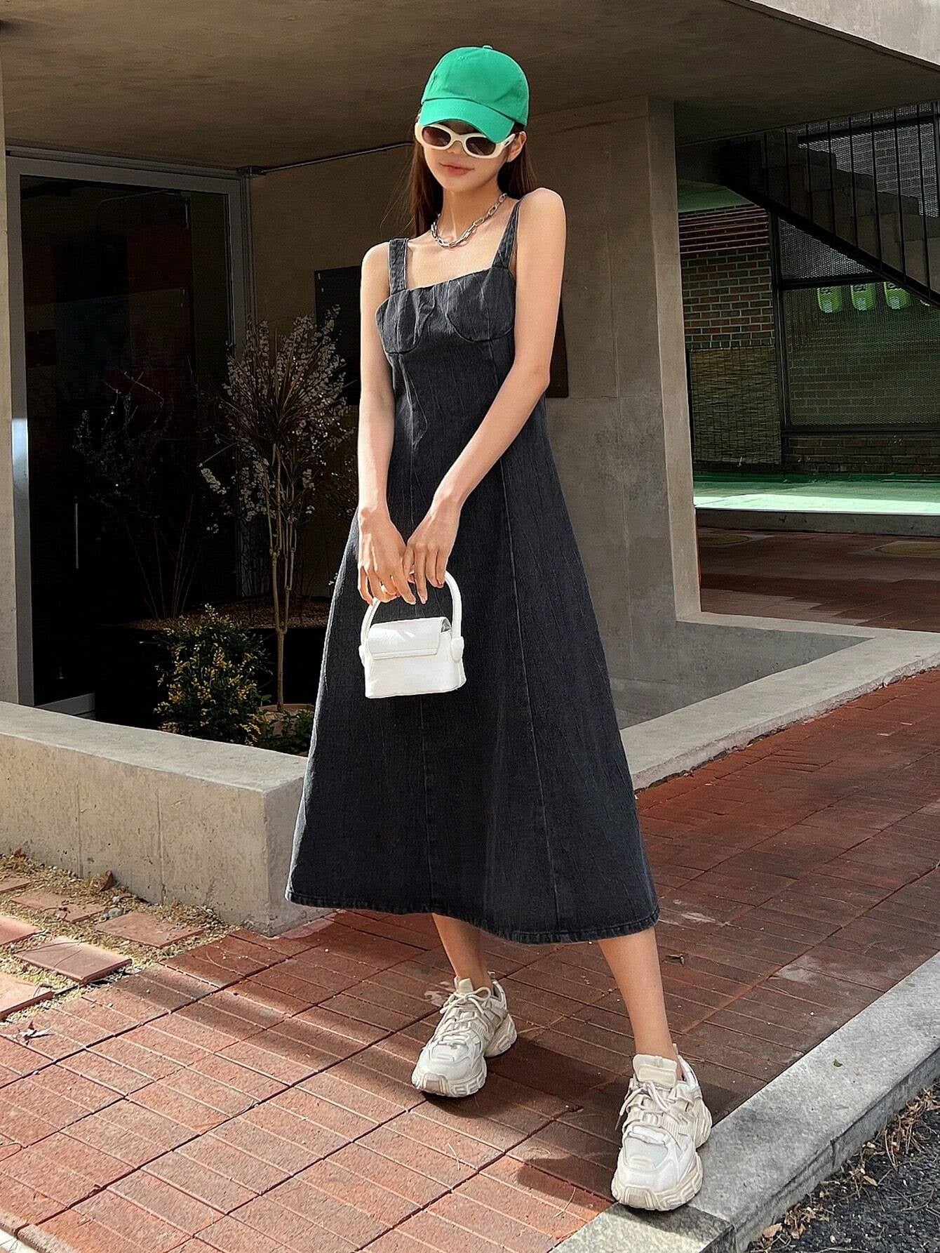 CM-DS195132 Women Casual Seoul Style Solid Zip Back Cami Denim Dress - Dark Gray