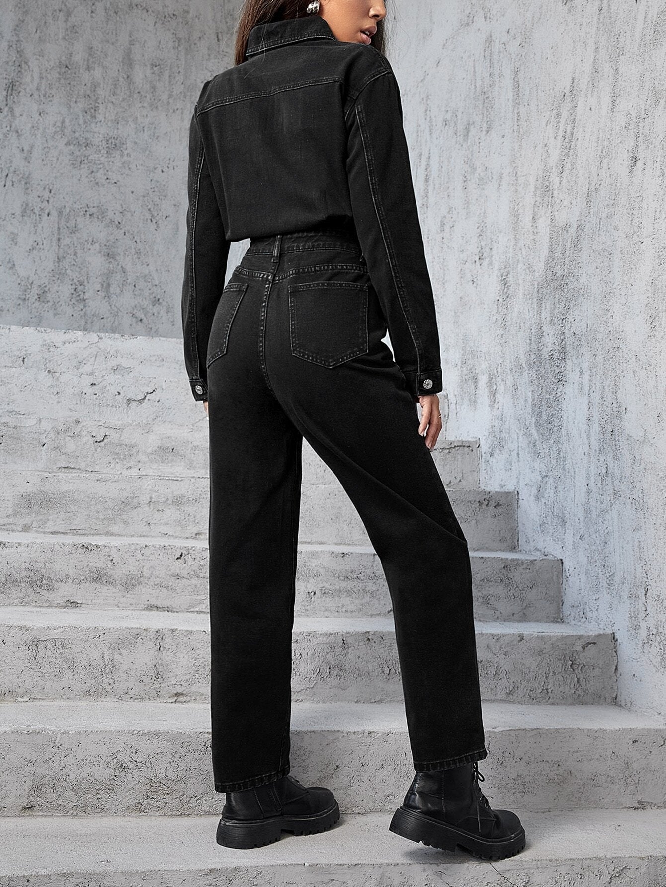 CM-JS071677 Women Casual Seoul Style Flap Pocket Button Front Denim Jumpsuit - Black