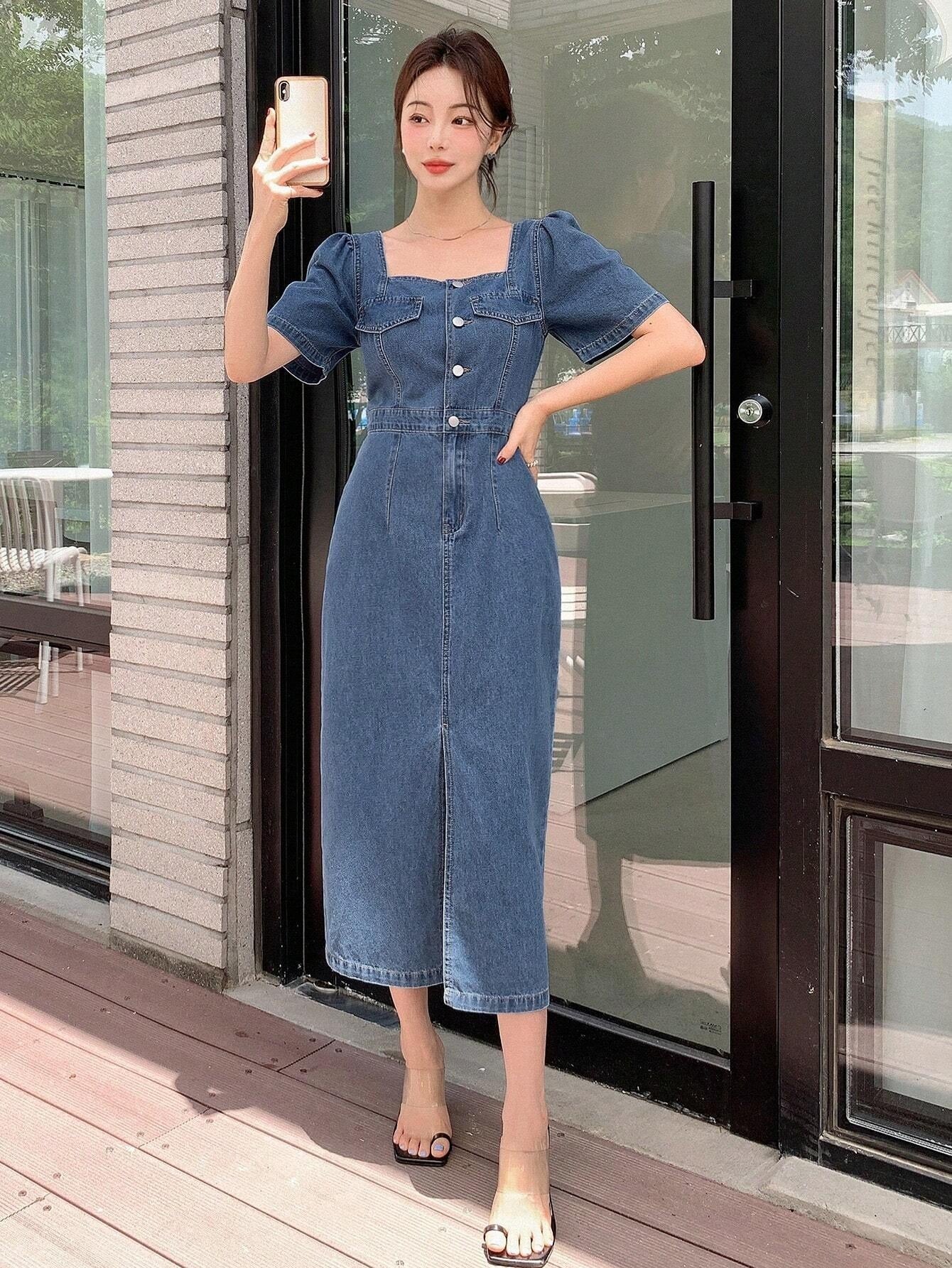 CM-DS907108 Women Casual Seoul Style Square Neck Button Front Split Thigh Denim Dress