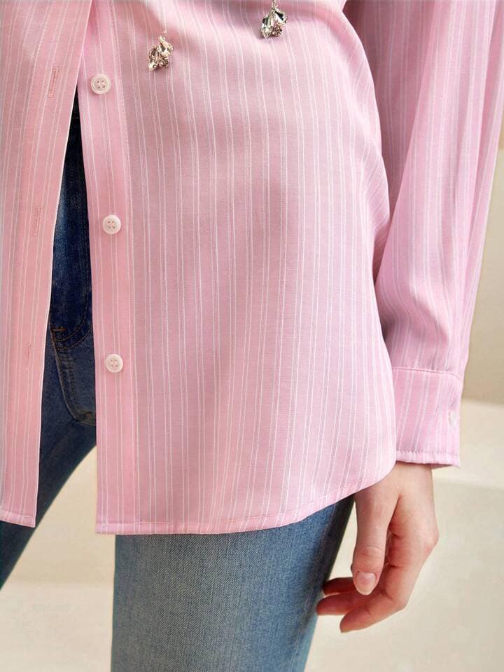CM-TS839563 Women Casual Seoul Style Oversized Striped Diamond Decoration Shirt - Pink