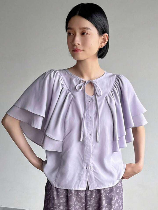 CM-TS227077 Women Casual Seoul Syle Tie Knot Neckline Ruffle Sleeve Button Down Shirt - Purple