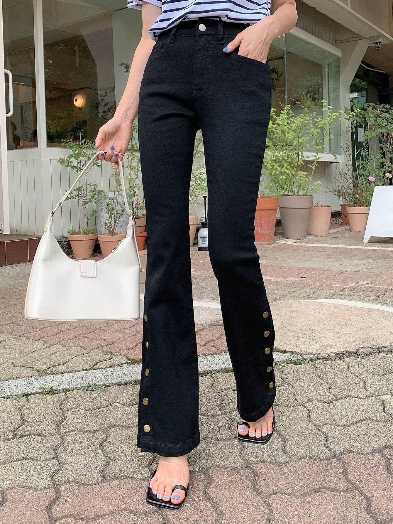 CM-BS904004 Women Casual Seoul Style Solid Button Detail Flare Leg Jeans - Black