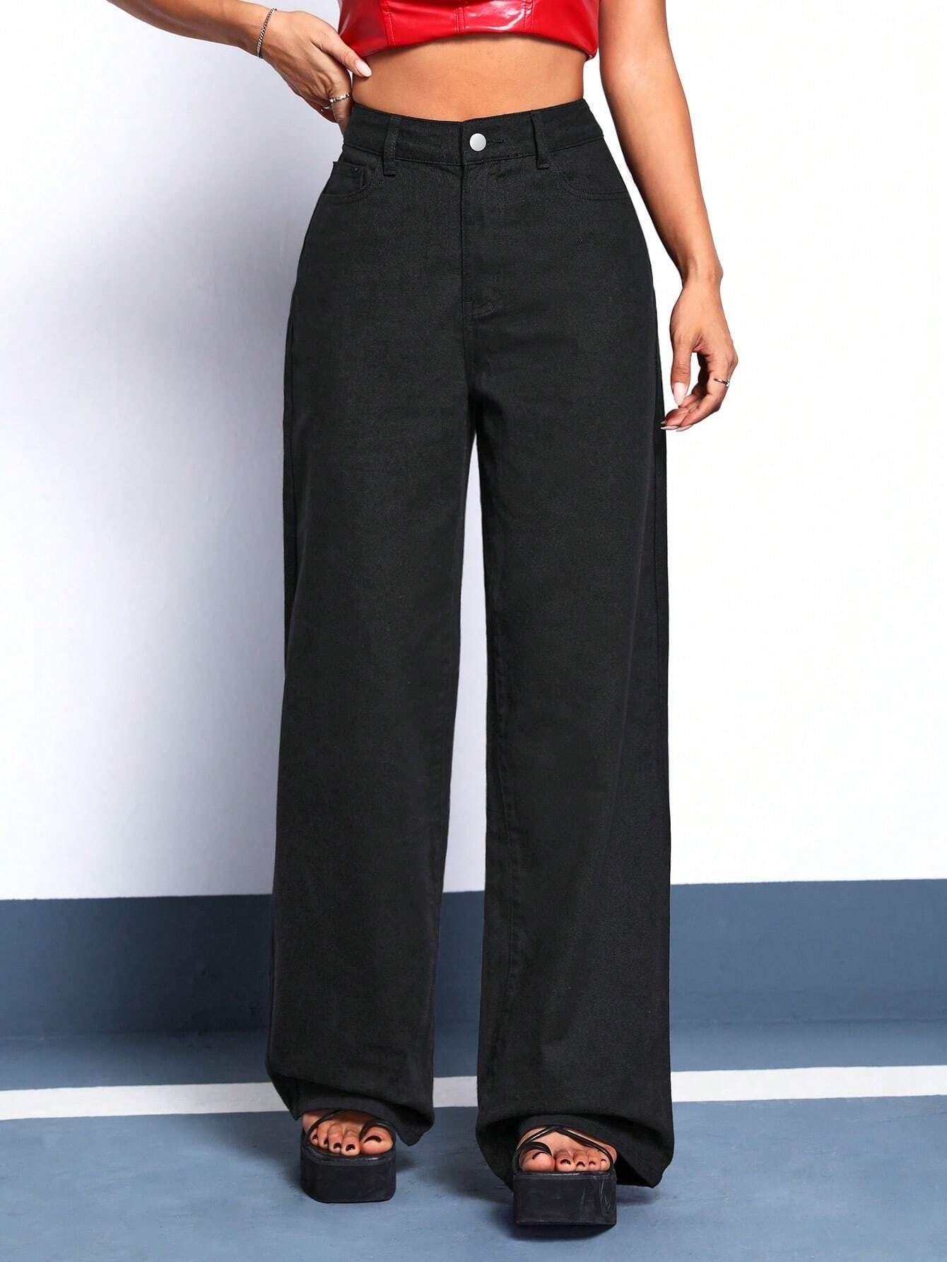 CM-BS066776 Women Casual Seoul Style Solid Wide Leg Jeans - Black