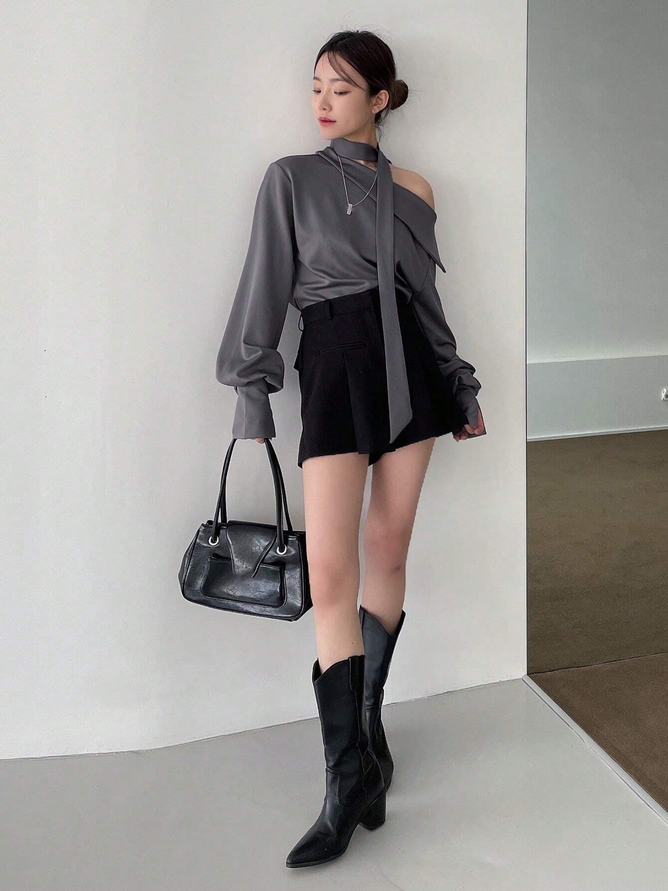 CM-TS926000 Women Casual Seoul Style Solid Asymmetrical Neck Drop Shoulder Blouse With Tie