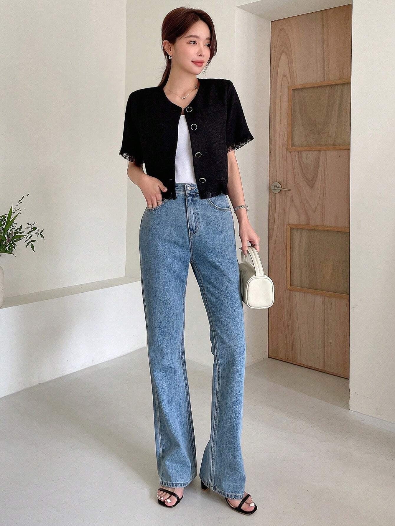 CM-TS199329 Women Casual Seoul Style Solid Button Front Raw Hem Crop Blouse - Black