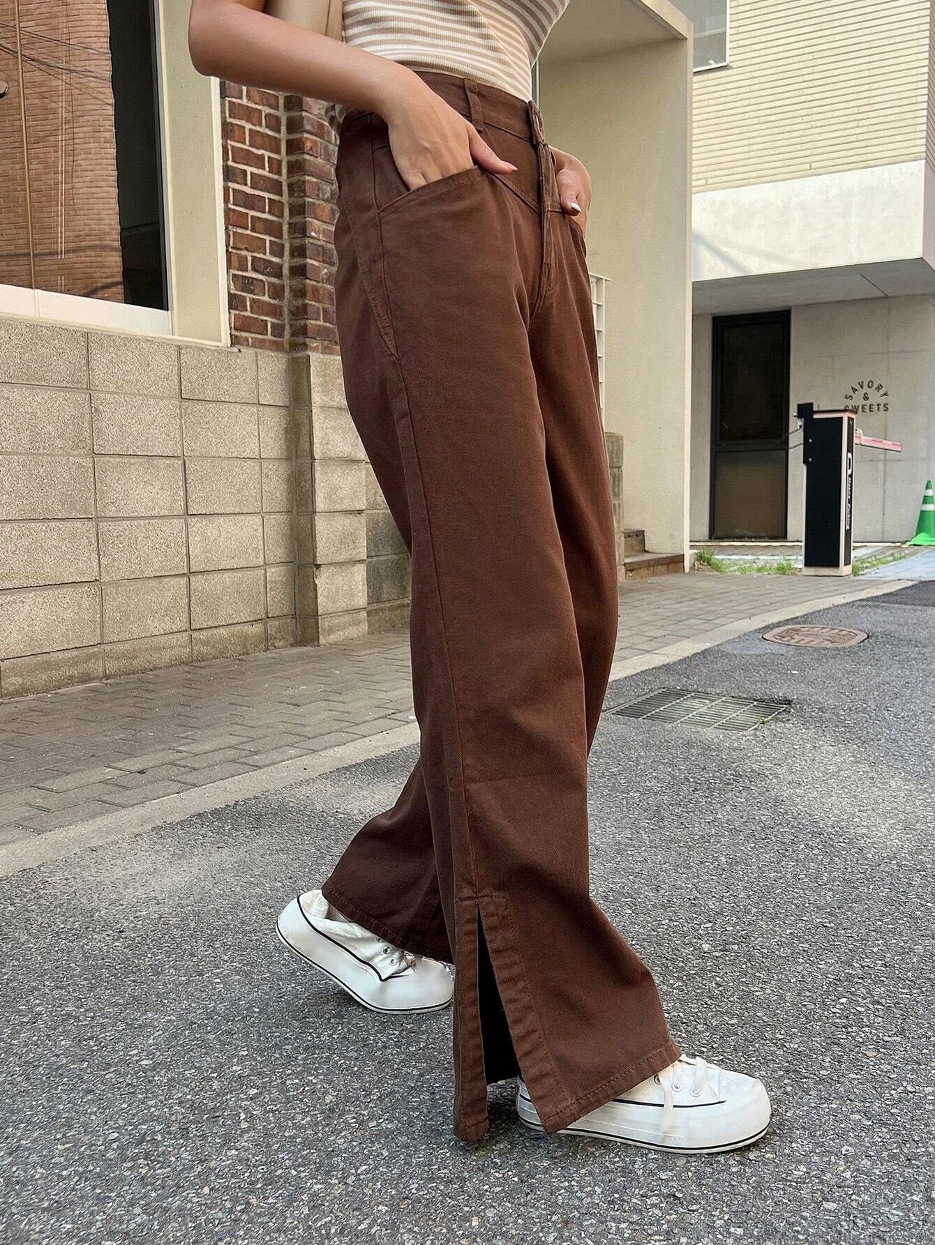 CM-BS292422 Women Casual Seoul Style Drop Waist Solid Flare Leg Jeans - Brown