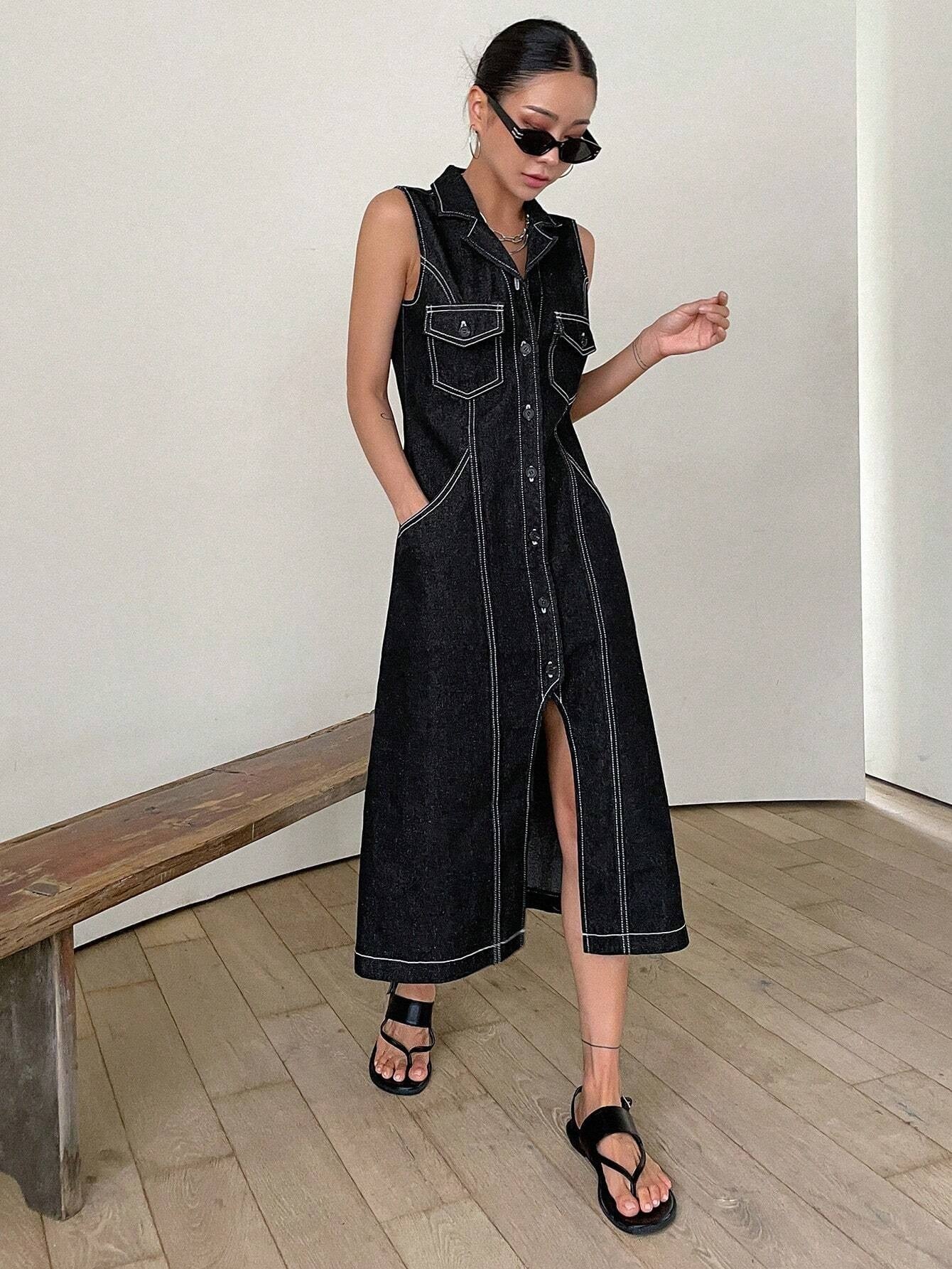 CM-DS252217 Women Preppy Seoul Style Top-Stitching Button Front Flap Pocket Denim Dress