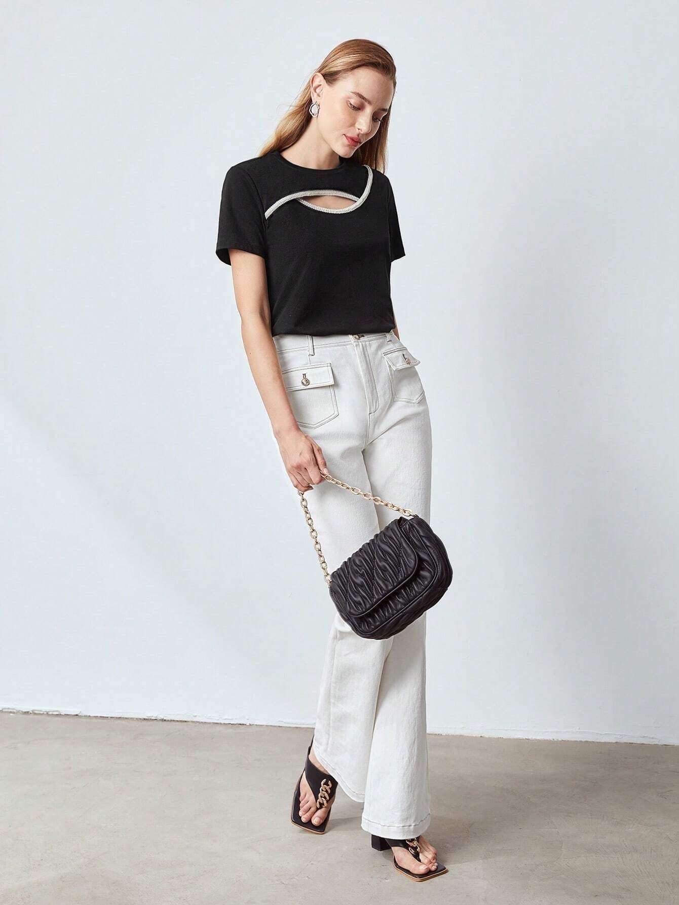 CM-TS118885 Women Casual Seoul Style Round Neck Pearl Cut-Out Top - Black
