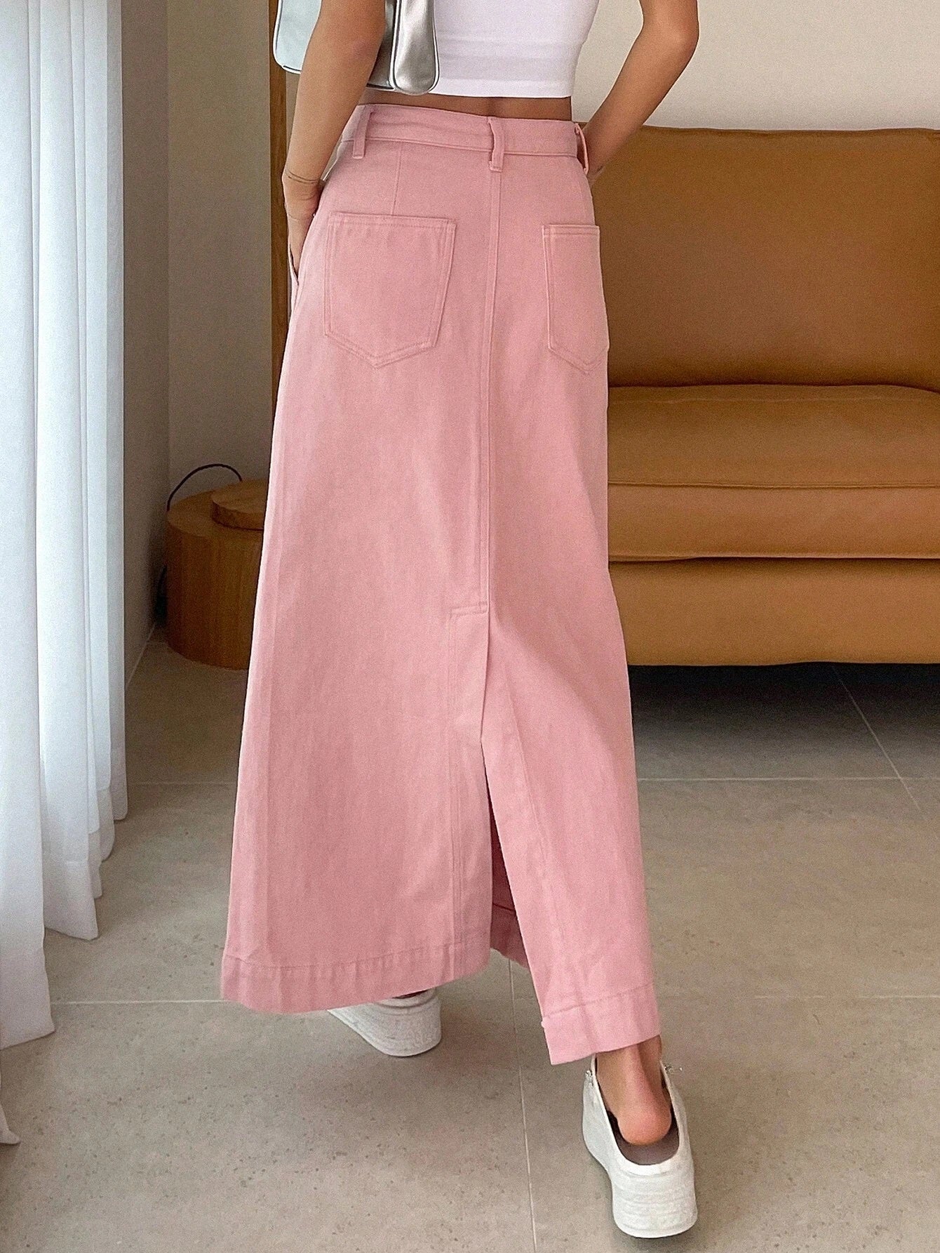 CM-BS381876 Women Casual Seoul Style Solid Split Back Denim Skirt - Pink