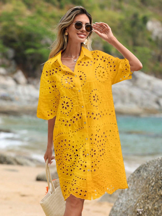 CM-DS111519 Women Trendy Bohemian Style Eyelet Embroidery Button Front Drop Shoulder Shirt Dress