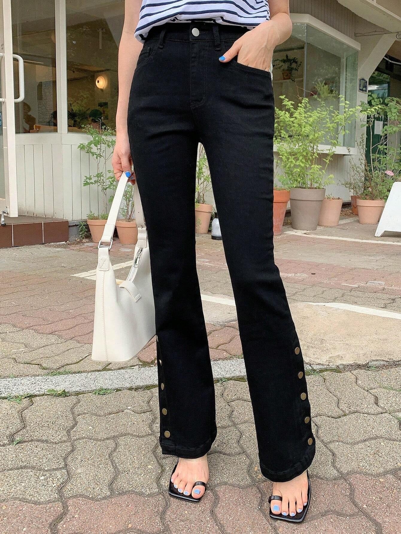 CM-BS904004 Women Casual Seoul Style Solid Button Detail Flare Leg Jeans - Black
