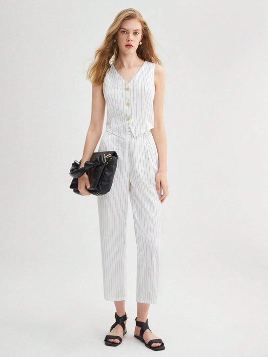 CM-SS026730 Women Elegant Seoul Style Striped Print Vest Blazer With Pants - Set