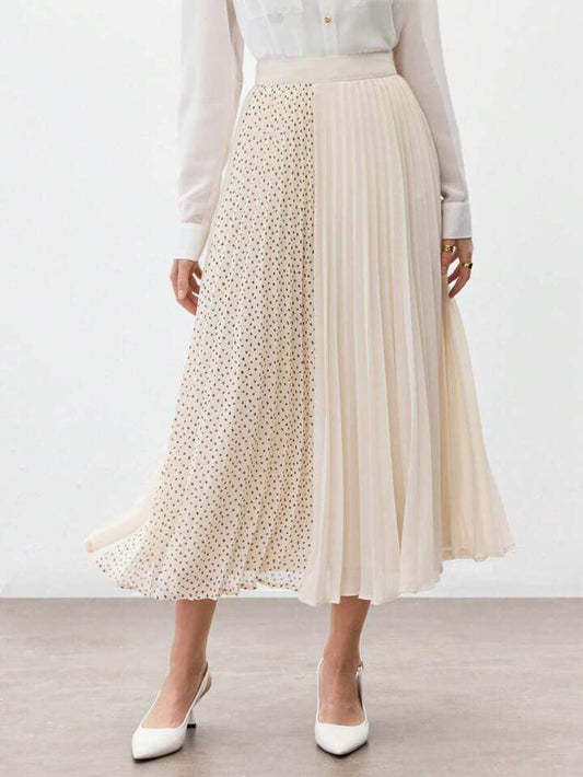 CM-BS861694 Women Elegant Seoul Style High Waist Patchwork Pleated Midi Skirt - Apricot