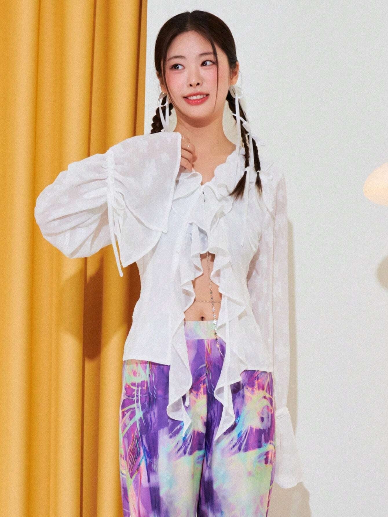 CM-TS613710 Women Casual Seoul Style Ruffle Trim Flounce Sleeve Asymmetrical Hem Blouse