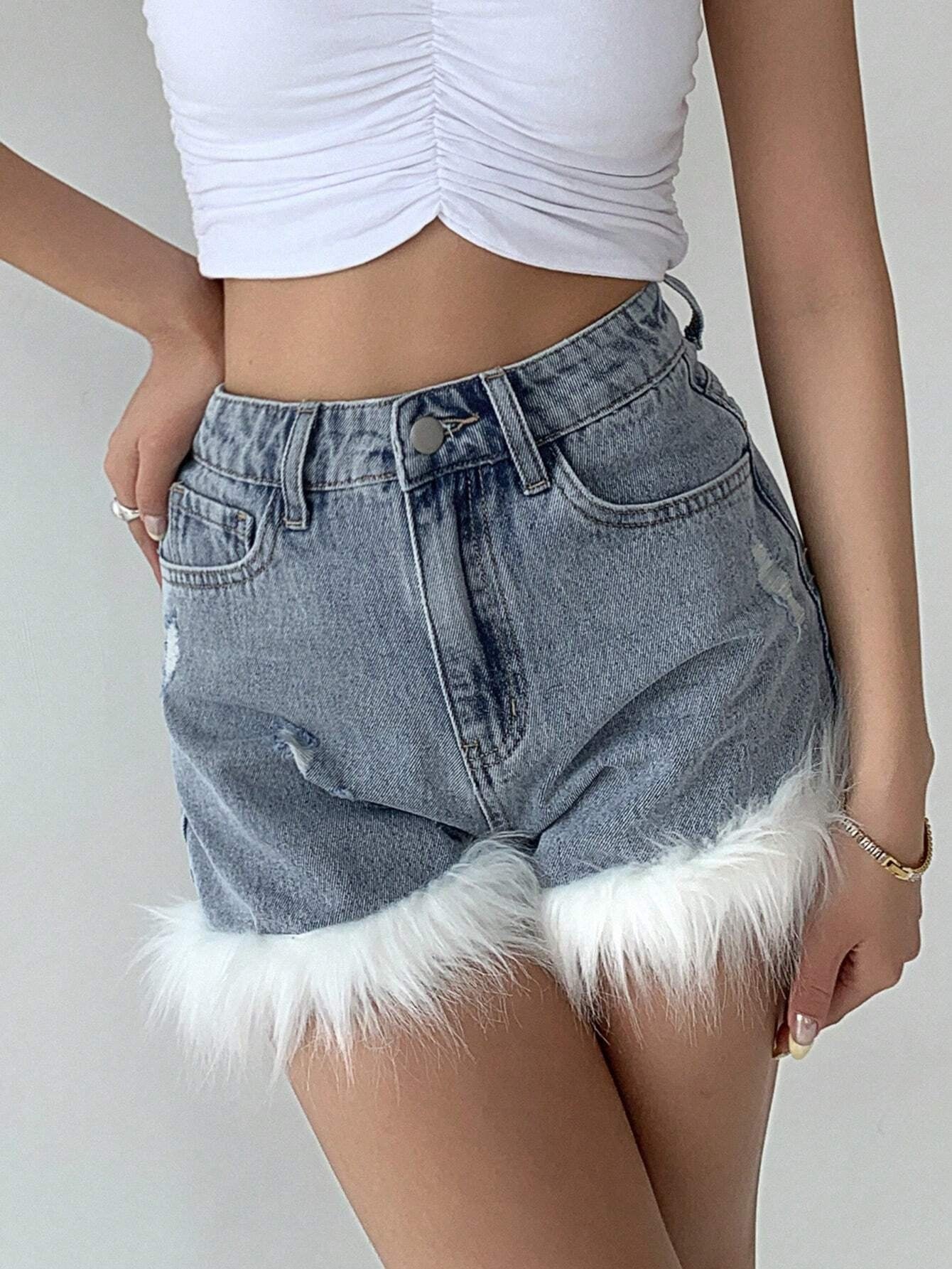 CM-BS741534 Women Casual Seoul Style High Waist Ripped Fuzzy Trim Denim Shorts