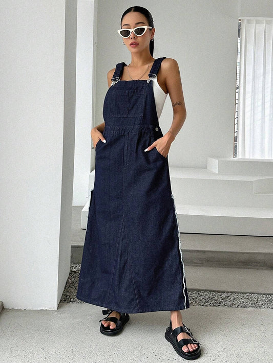 CM-DS985371 Women Preppy Seoul Style Slant Pocket Overall Denim Dress - Blue