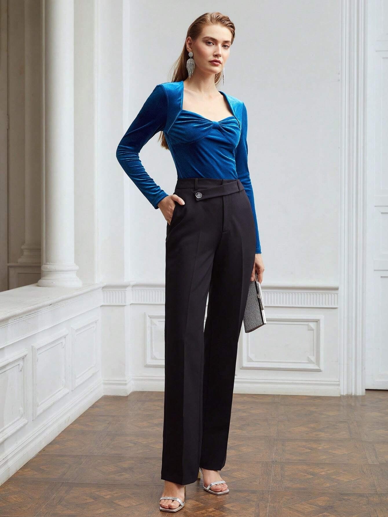 CM-TS934075 Women Casual Seoul Style Velvet Sweetheart Neck Long Sleeve T-Shirt - Blue