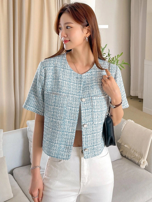 CM-CS998172 Women Elegant Seoul Style Plaid Dual Pocket Tweed Overcoat - Blue