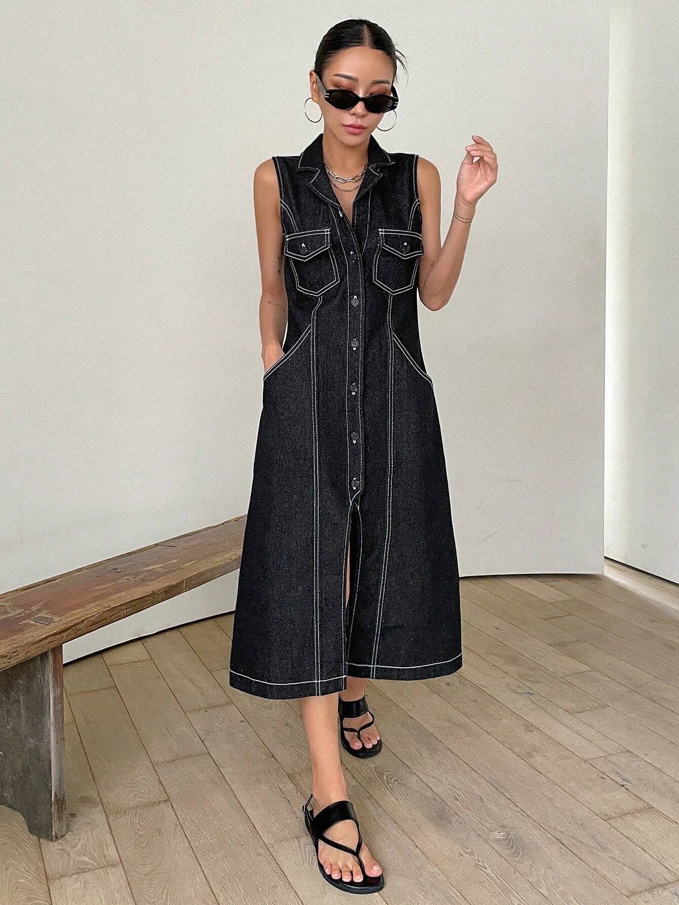 CM-DS252217 Women Preppy Seoul Style Top-Stitching Button Front Flap Pocket Denim Dress