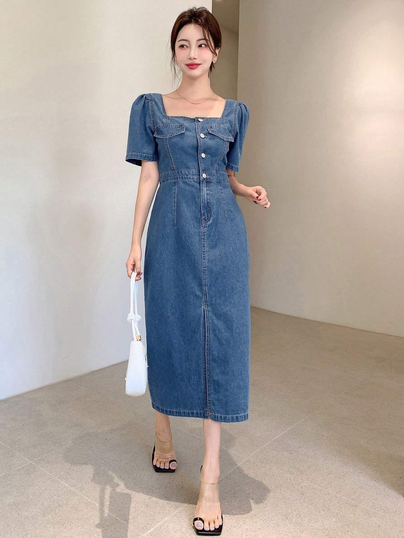 CM-DS907108 Women Casual Seoul Style Square Neck Button Front Split Thigh Denim Dress