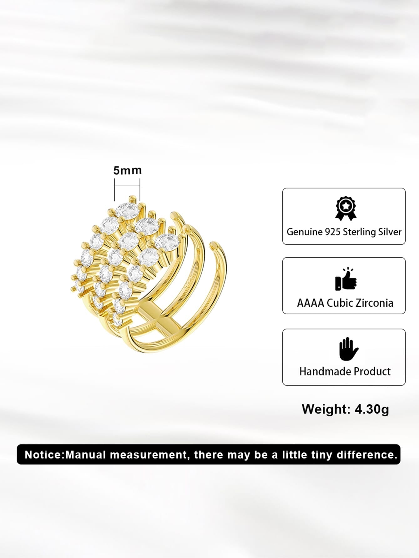 CM-AR744741 925 Sterling Silver Ring Clear Shining Cubic Zirconia Adjustable Ring - Yellow Gold