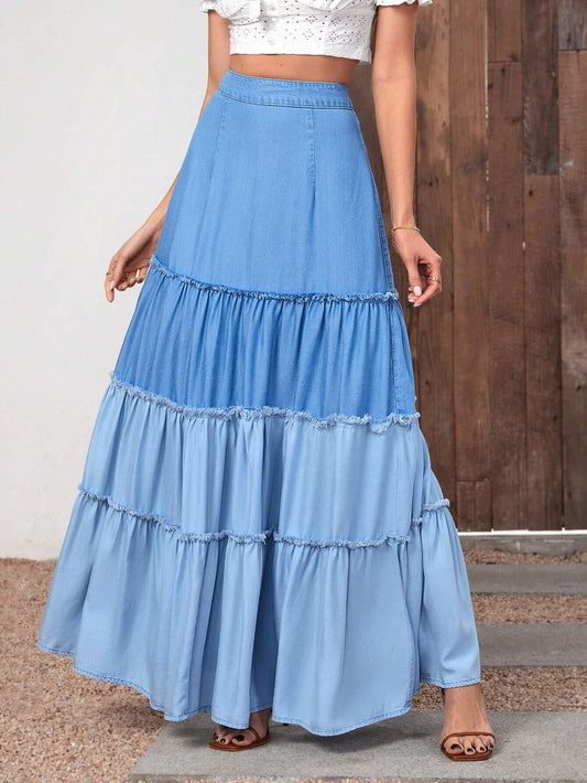 CM-BS286822 Women Casual Seoul Style Medium Wash High Waist Ruffle Hem Denim Skirt