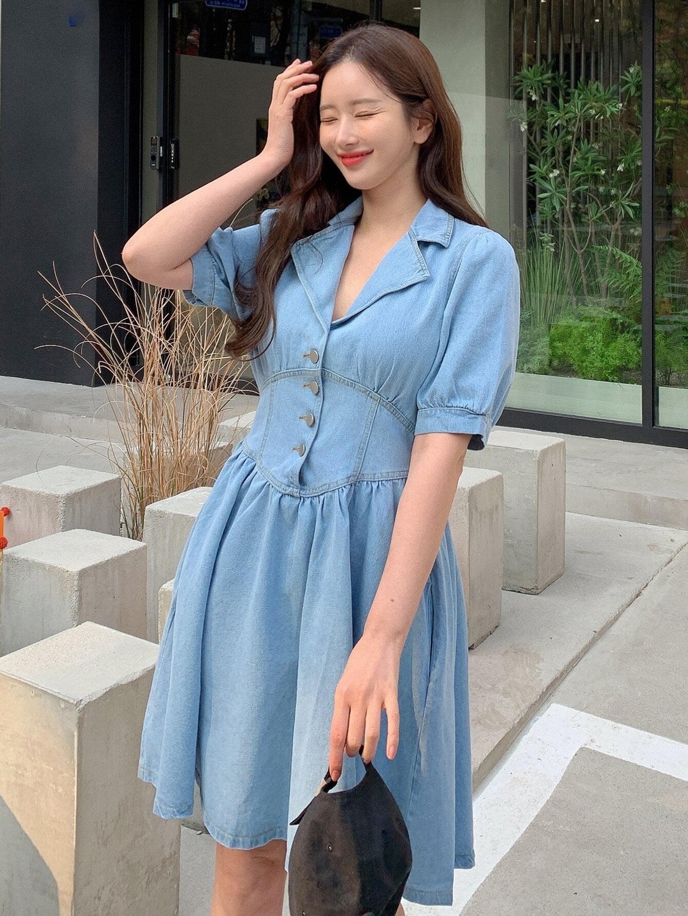 CM-DS727770 Women Casual Seoul Style Lapel Collar Puff Sleeve Button Front Shirt Denim Dress