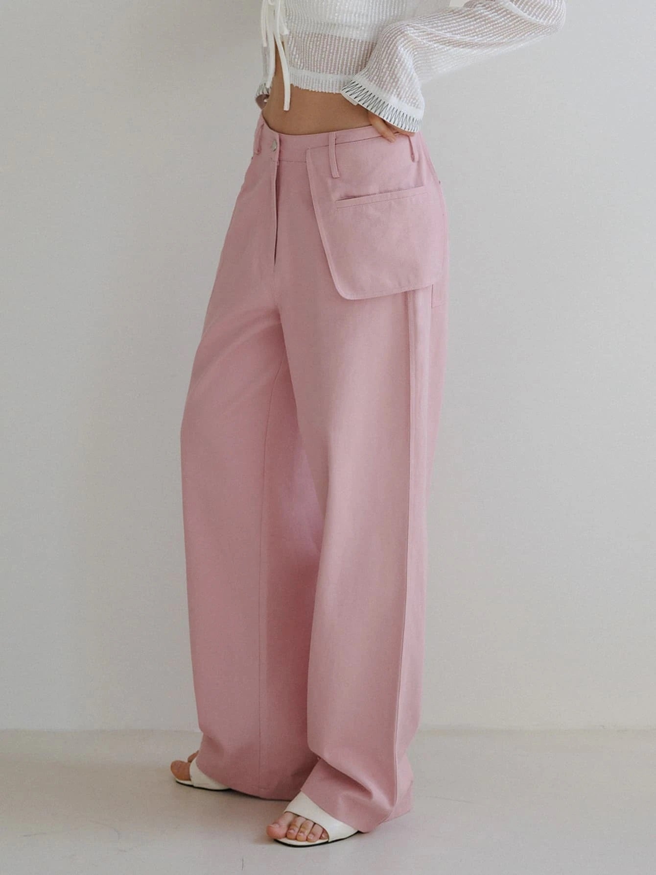 CM-BS655110 Women Casual Seoul Style Solid Flap Detail Straight Leg Pants - Pink