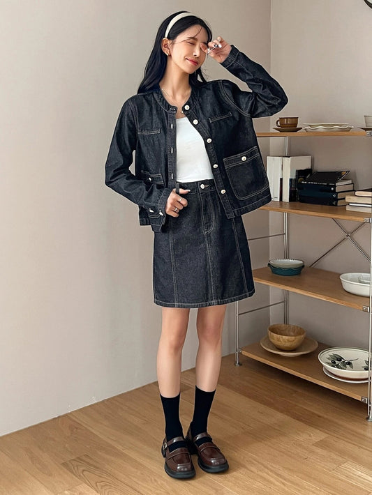 CM-SS746782 Women Preppy Seoul Style Button Front Denim Jacket With Slant Pocket Skirt - Set